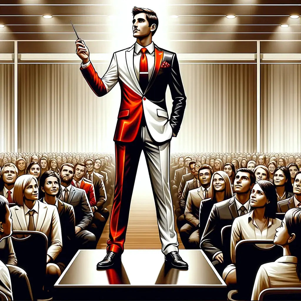 Speaker in black-and-white suit with red accents promotes hustle culture and leadership style.