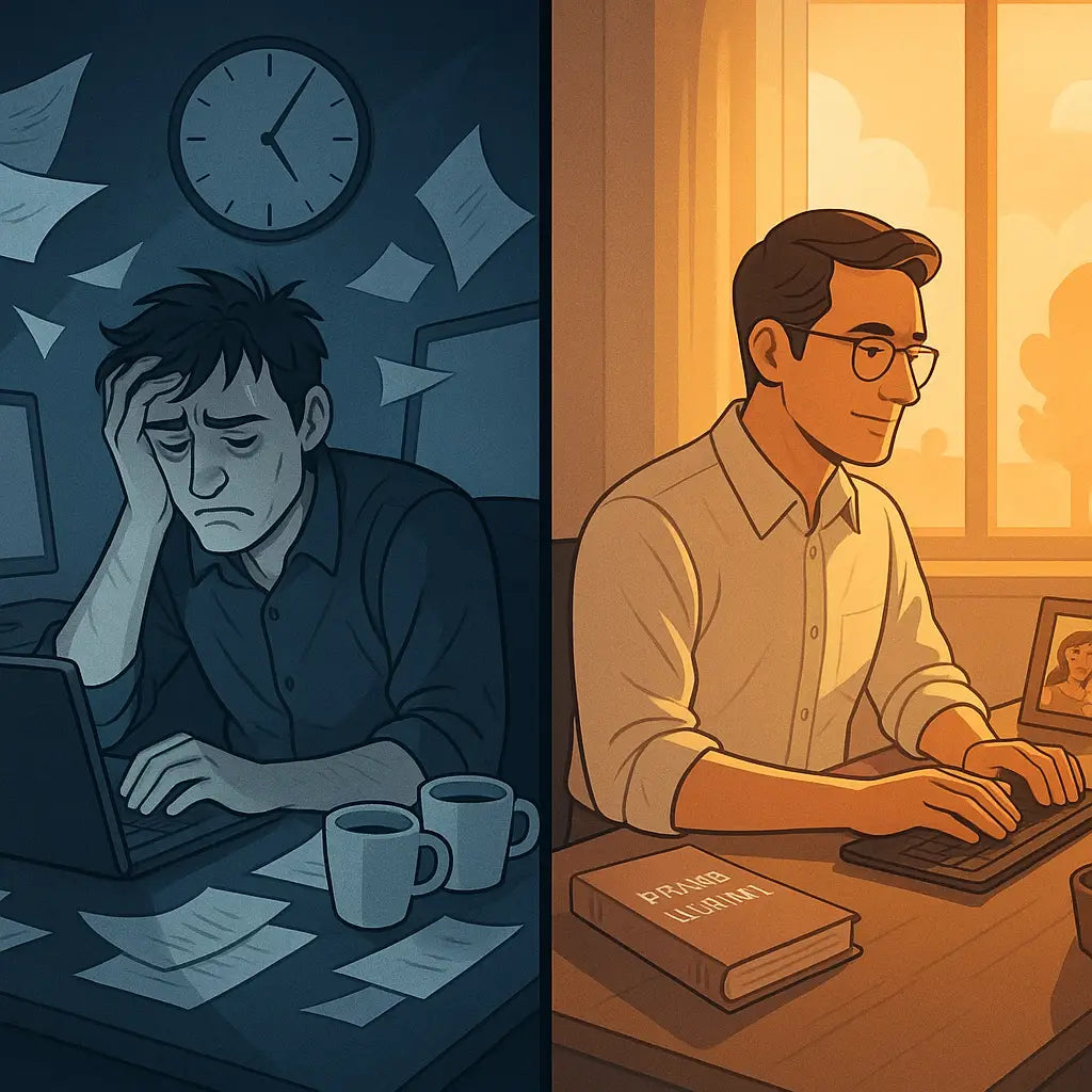 Contrast between stressed heaven-minded hustle and relaxed spiritual practices of professionals