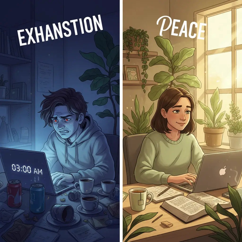 Contrasting images of hustle culture burnout and peaceful daylight work in a faith-centered approach