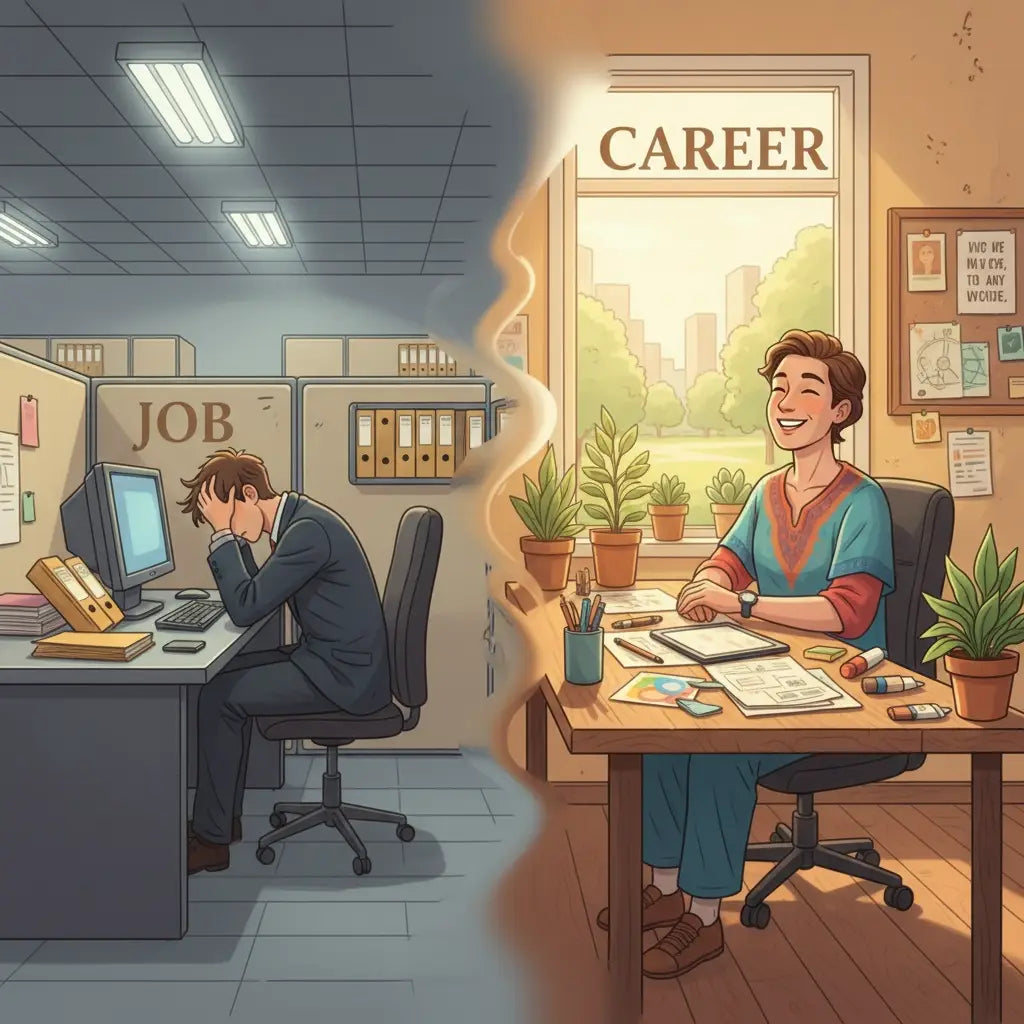 Contrast of unhappy job and joyful purpose-driven career highlighting people make meaningful paths beyond accounting jobs