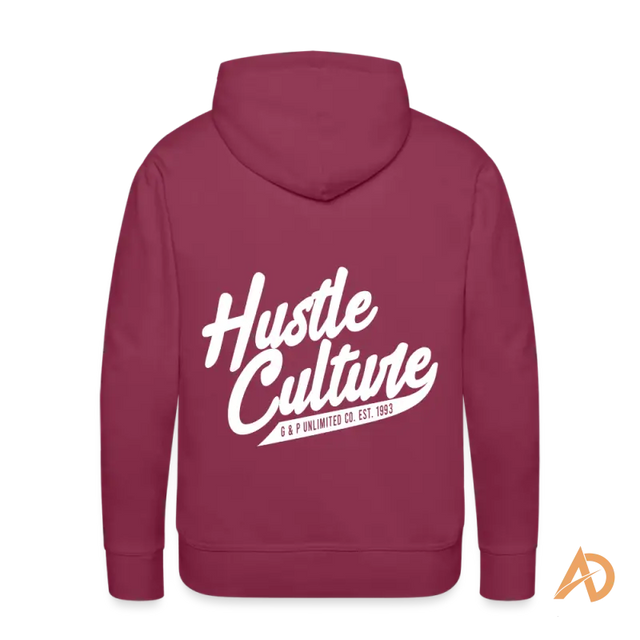 Burgundy persistence hoodie with white Hustle Culture text, promoting stay hungry mentality