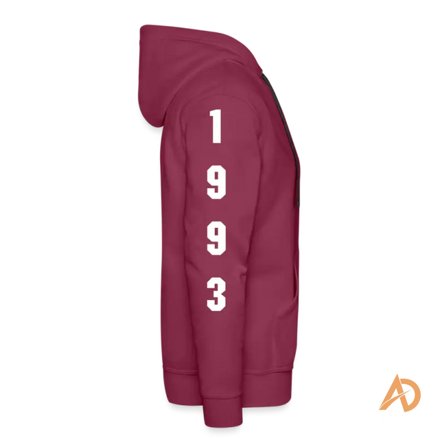 Burgundy persistence hoodie featuring 1993 printed on the sleeve for Stay Hungry collection