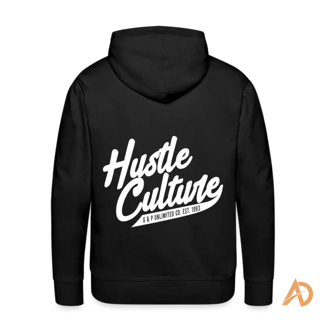 Black premium hoodie featuring Hustle Culture design for Stay Hungry, Stay Young collection