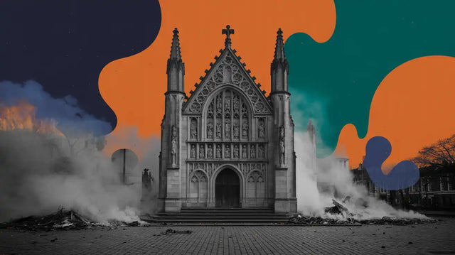 A stone church with a cross on its roof, surrounded by smoke and fire.