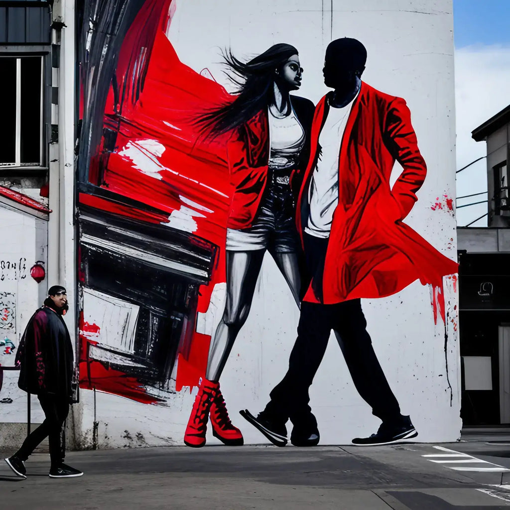 Street art mural of a couple in red and black, illustrating culture hustlers in the digital era.