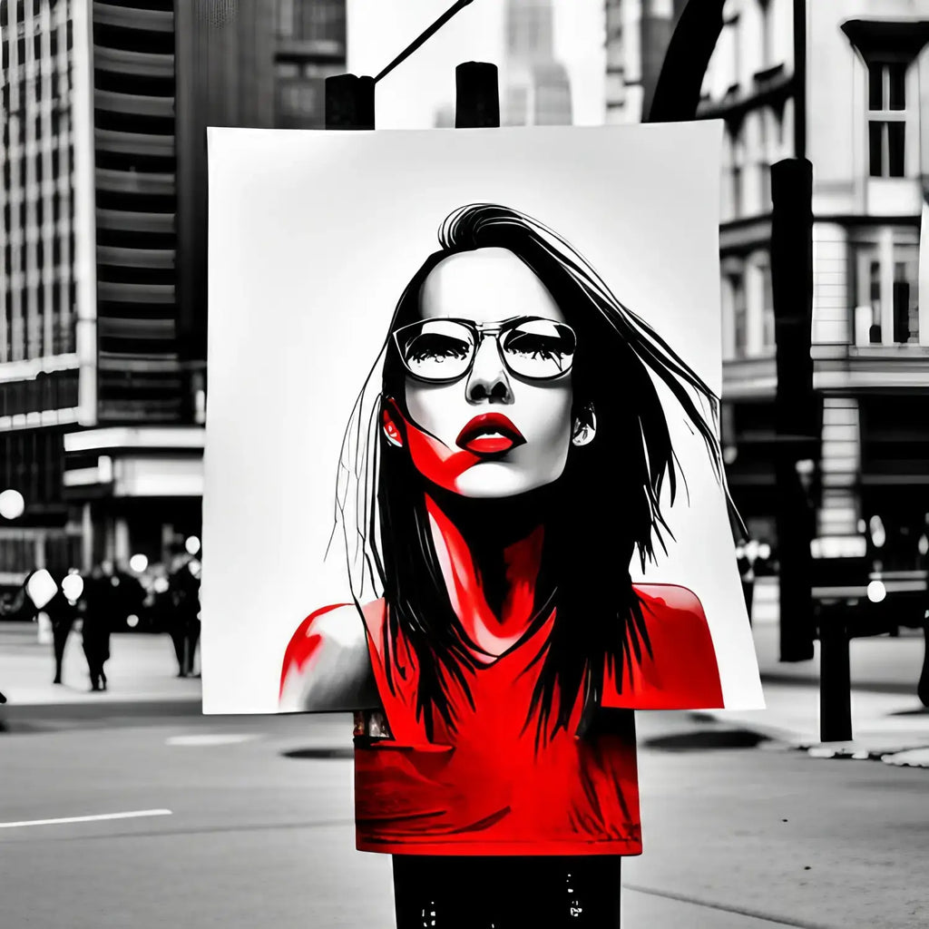 Striking black and white portrait with red accents highlighting positive aspects of self-expression.