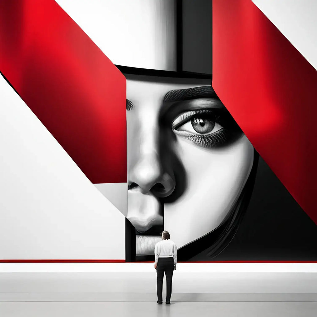 Black and white portrait featuring red stripes symbolizing innovative leadership styles.