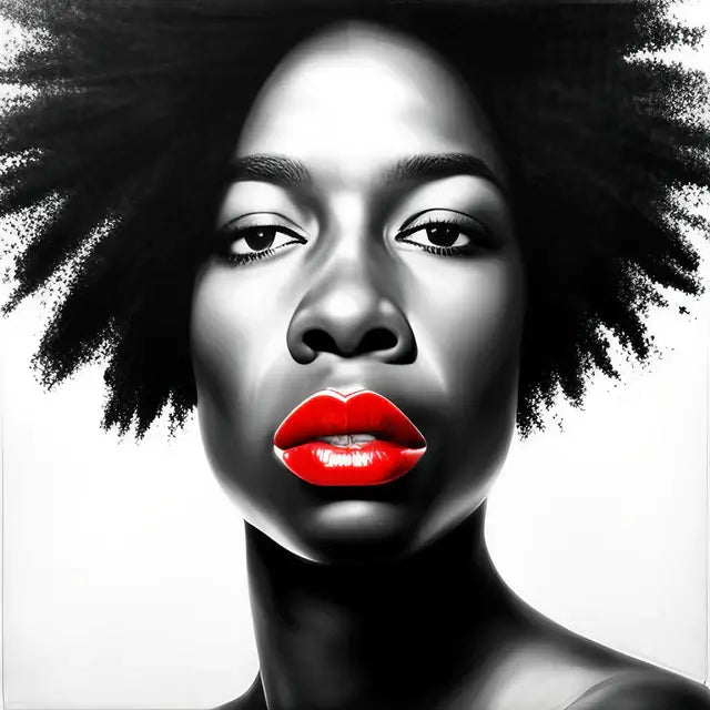 Striking black and white portrait depicting personal alchemy with vibrant red lips.