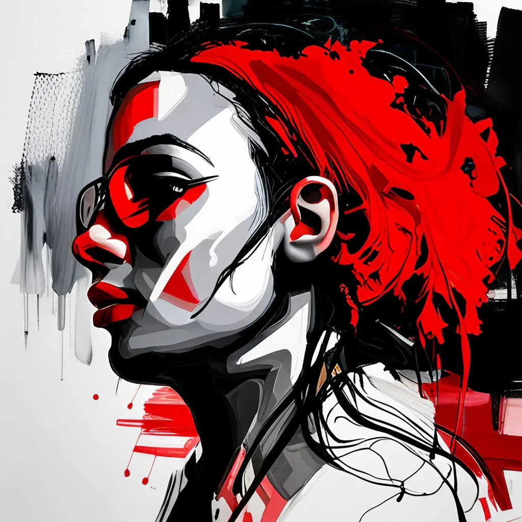 Artistic portrait in black, white, and red symbolizing effective listening in leadership potential.