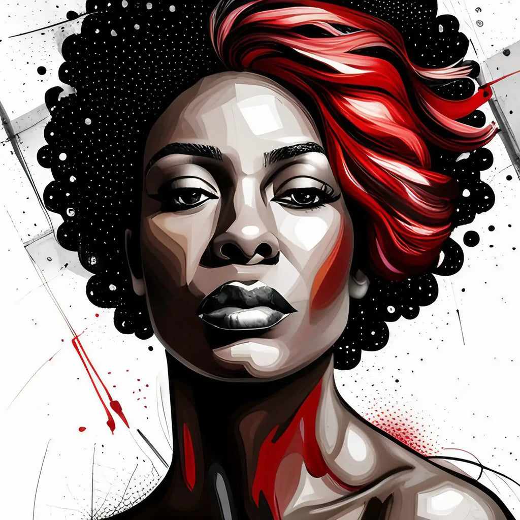 Striking digital portrait showcasing bold red and black tones, embodying professional growth.