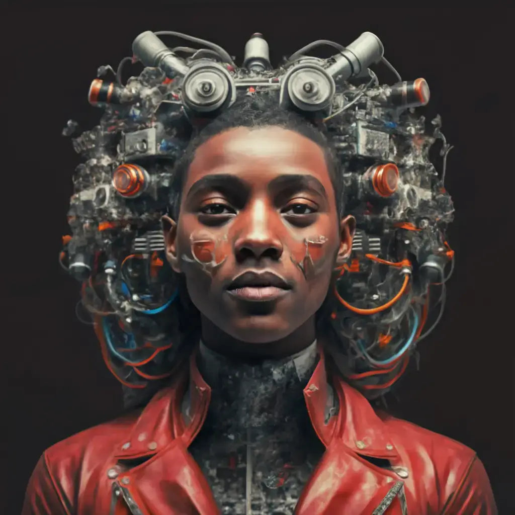 Striking portrait showcasing mechanical headpiece and red leather jacket embodying growth mindset.