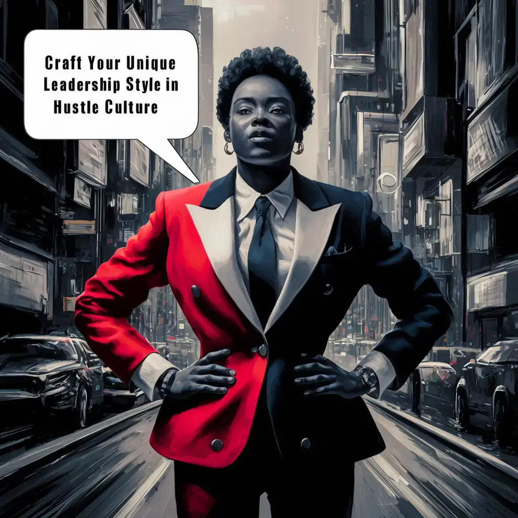 Striking red and black split-design suit jacket reflecting unique leadership style in Hustle Culture.