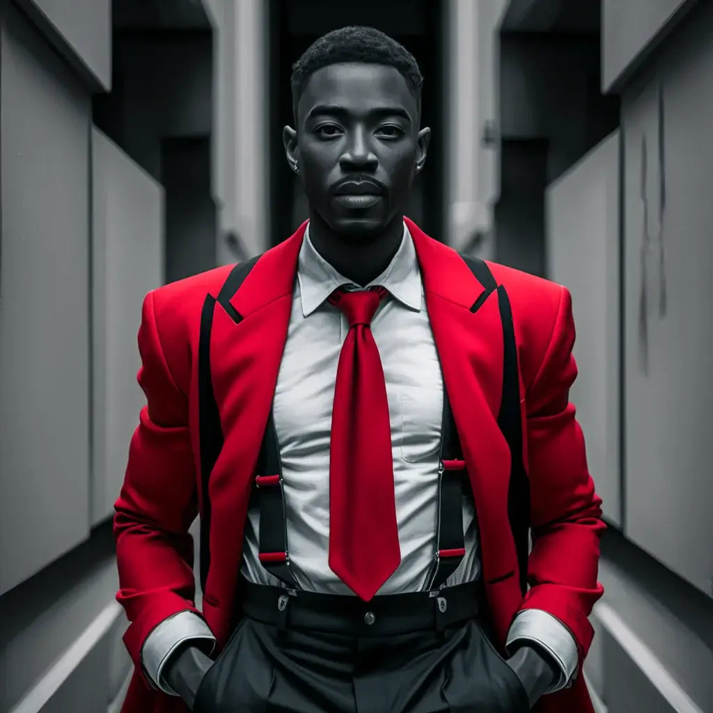 A striking red blazer with black trim exemplifying effective leadership in hustle culture.