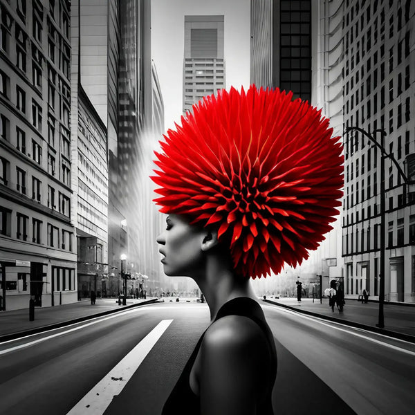 Striking red spiky headdress symbolizing hustle mentality amid black and white urban scene.