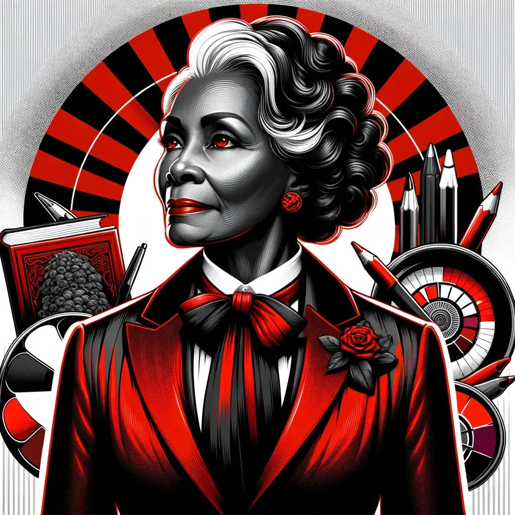 Stylized black and red portrait of figure in red blazer symbolizing hustle culture and success.