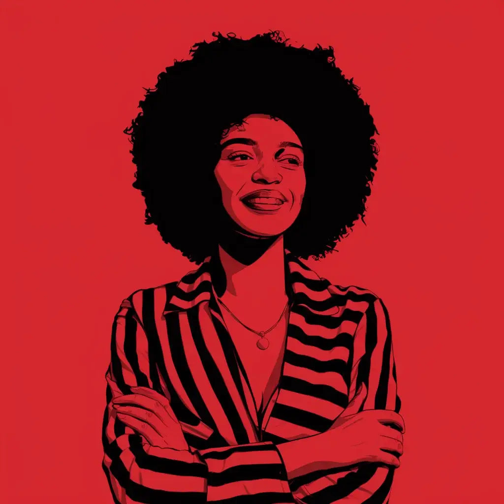 Stylized black and red portrait of afro-haired individual symbolizing Black excellence.