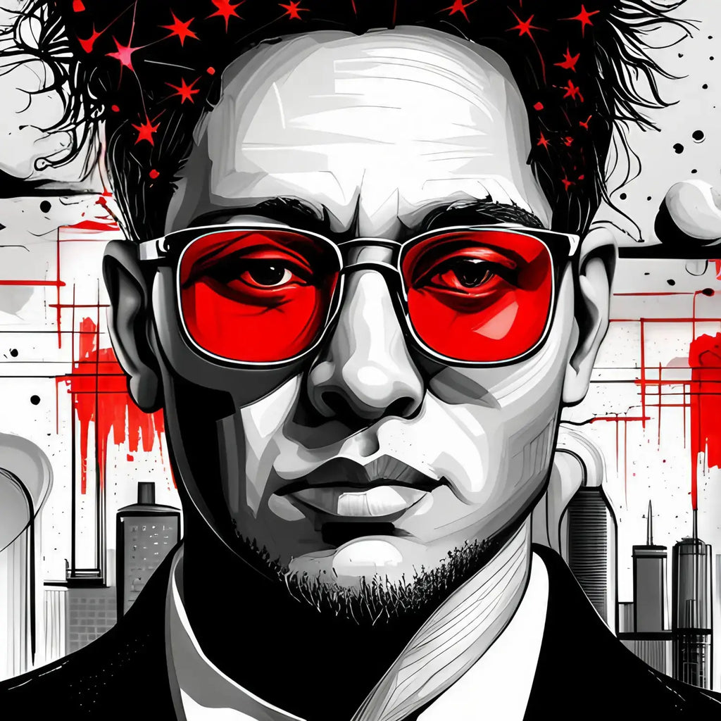 Stylized black and white portrait with red sunglasses symbolizes personal growth in urban life.