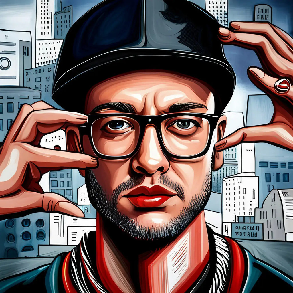 Stylized digital illustration of a person with glasses and cap illustrating overcoming information overload.