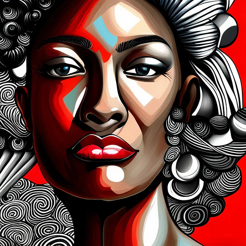 Stylized digital portrait showcasing personal alchemy and goal setting themes in bold red tones.