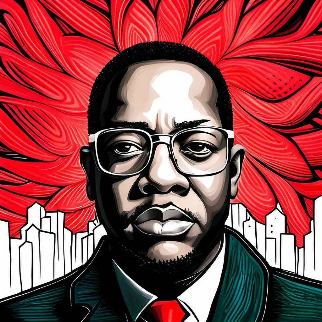 Stylized portrait of a hustling man in glasses and suit against red flower backdrop.