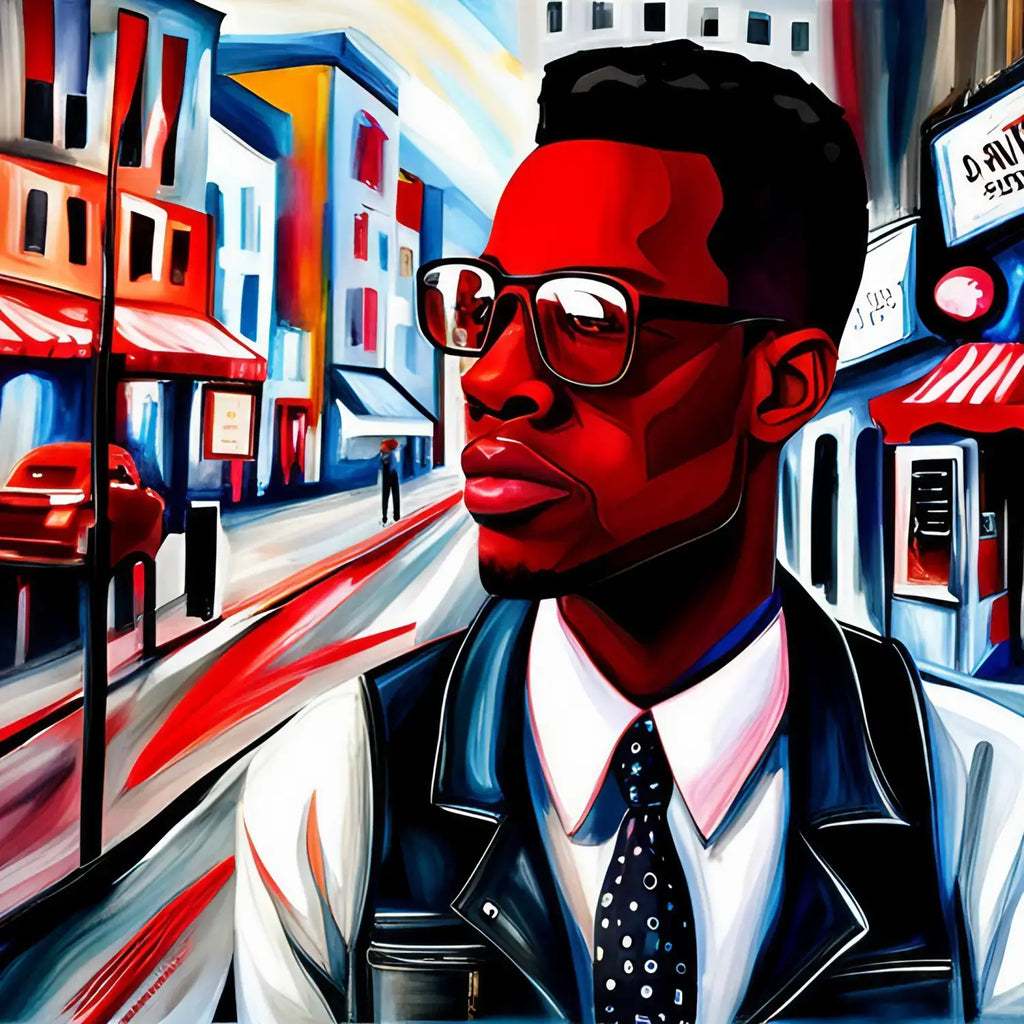 Stylized portrait of a person in glasses and leather jacket, embracing life’s moments.