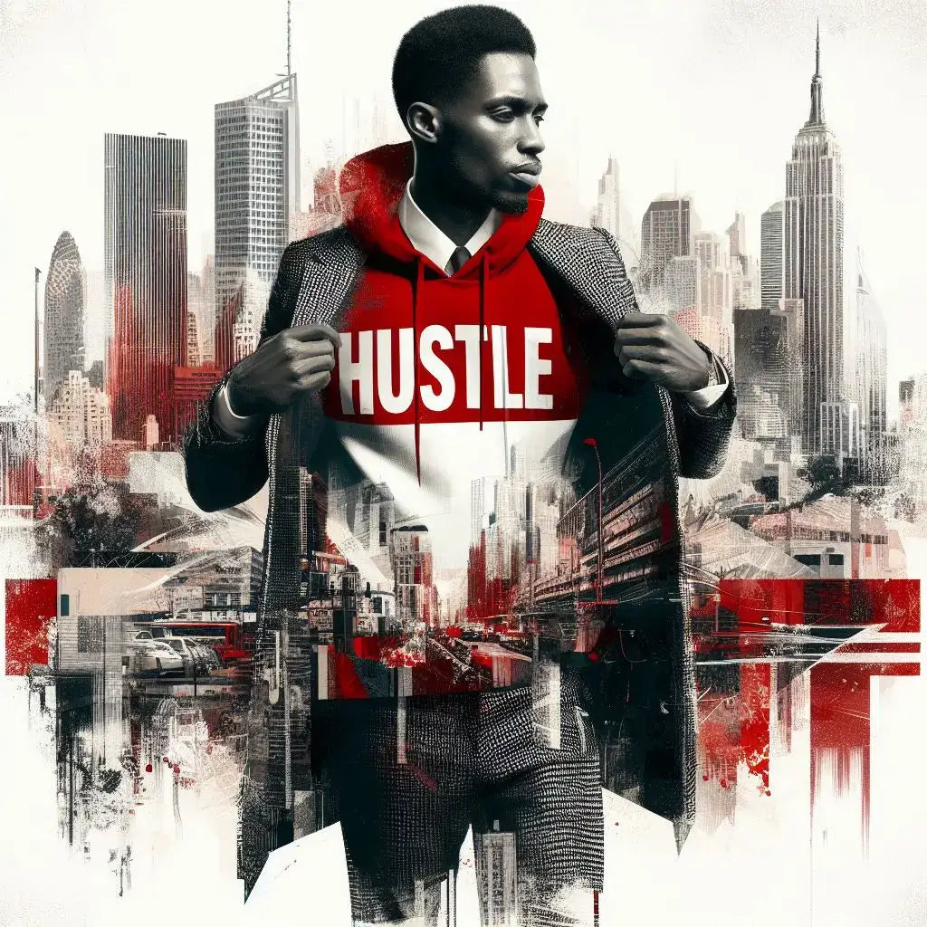 Stylized urban artwork of person in red HUSTLE hoodie exemplifying street style revolution.