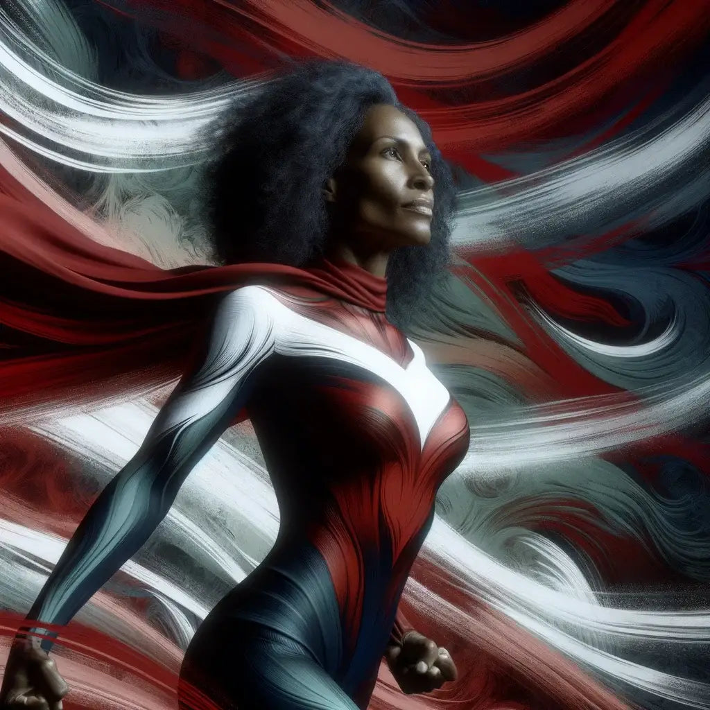 Superhero in red, white, and blue embodying problem solving while thriving amidst adversity.