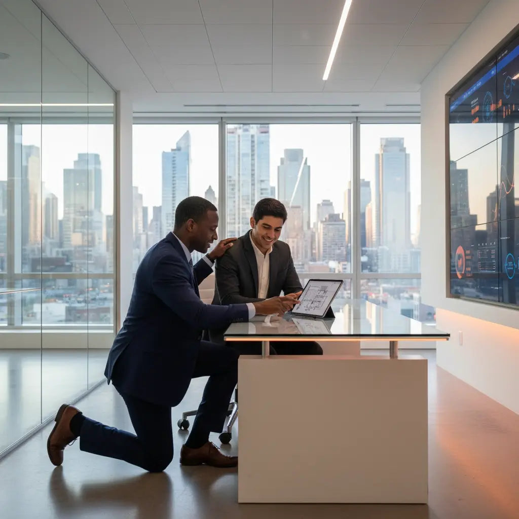Modern glass table with sleek white legs for faith-based leadership office