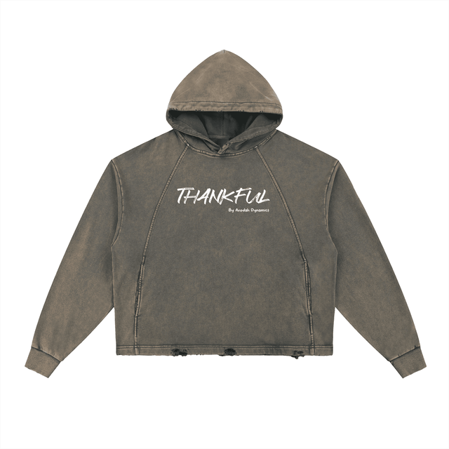 Front view of the THANKFUL Vintage Washed Hoodie with frayed hem, a premium piece of Christian apparel for the purpose-driven professional.