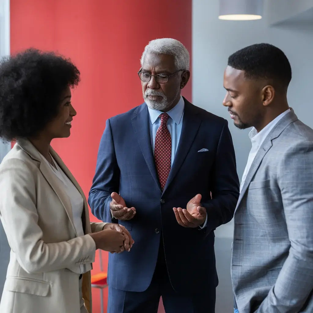 Three business professionals in discussion exemplifying transformational leadership in hustle culture.