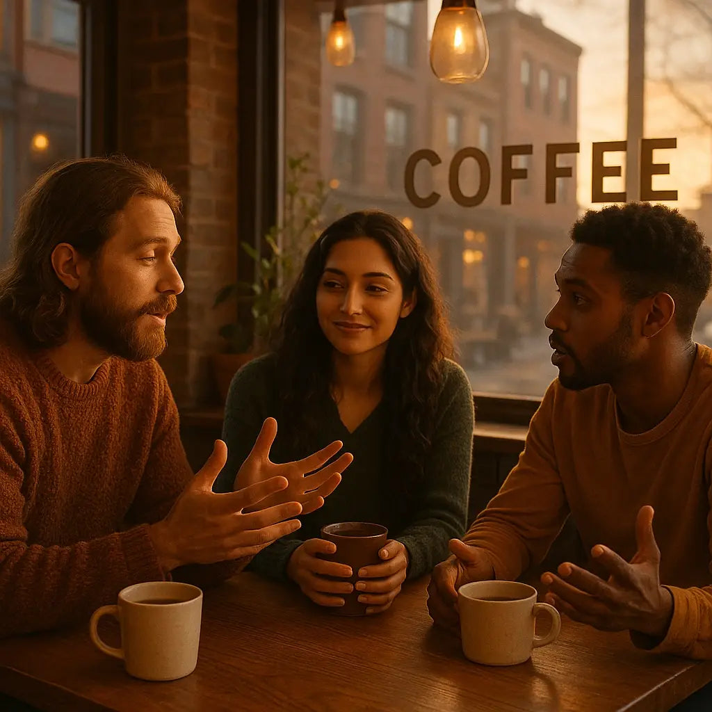 Three Gen Z adults discussing spiritual curiosity over coffee at a table