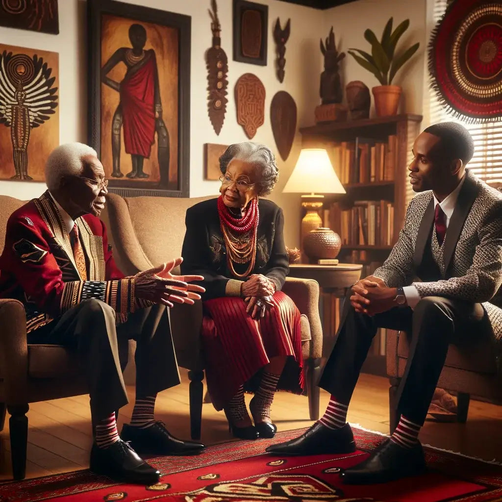 Three individuals conversing in a living room, emphasizing modern leadership development.