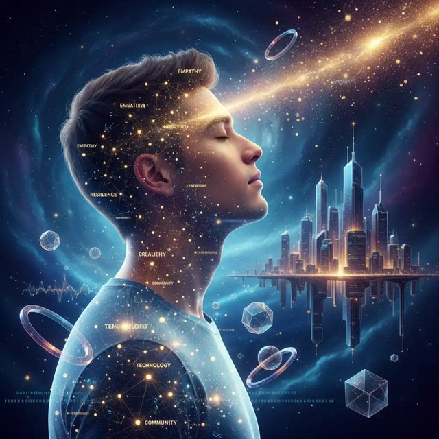 Transparent bubble-shaped man with stars and cityscape inside.