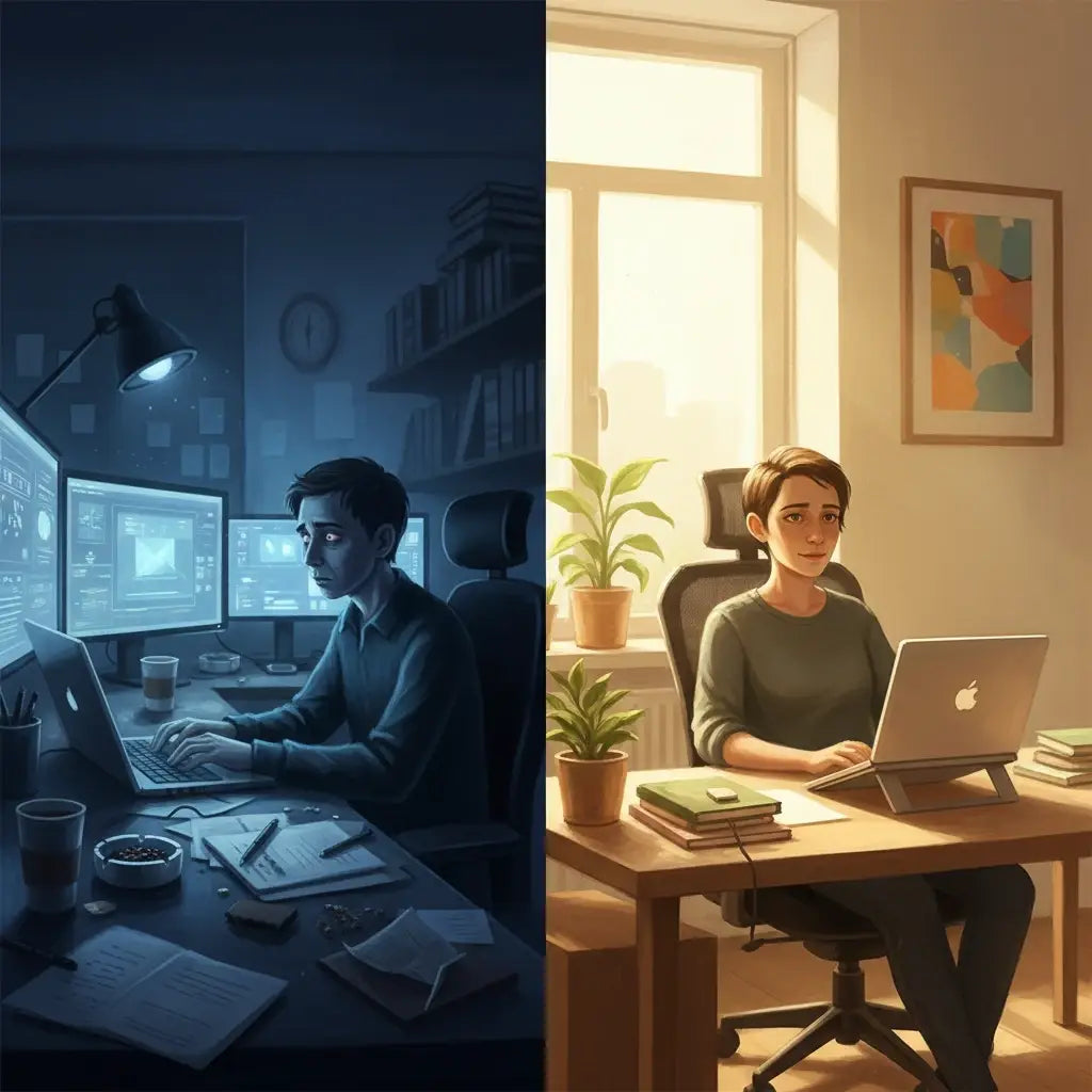 Contrasting scenes of individuals working at desks illustrating sacred hustle and toxic hustle in hustle culture