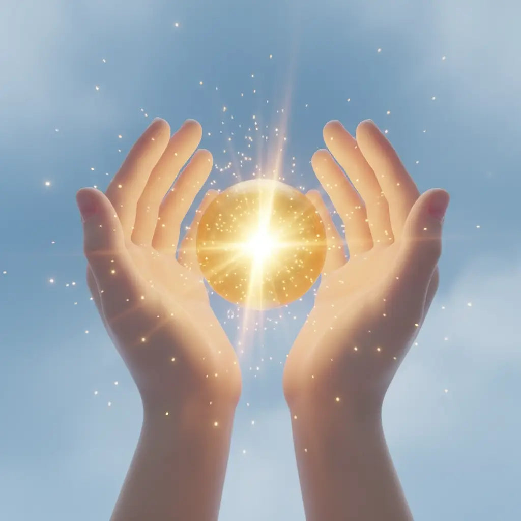 Two cupped hands holding a glowing golden orb symbolizing faith-centered approach over hustle culture
