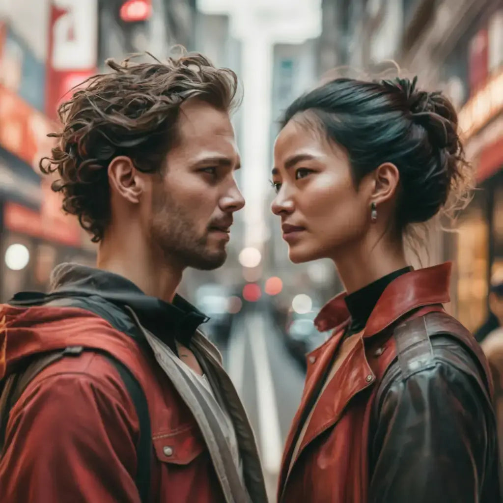 Two individuals in red jackets sharing an intimate moment, embodying personal growth in a hectic world.