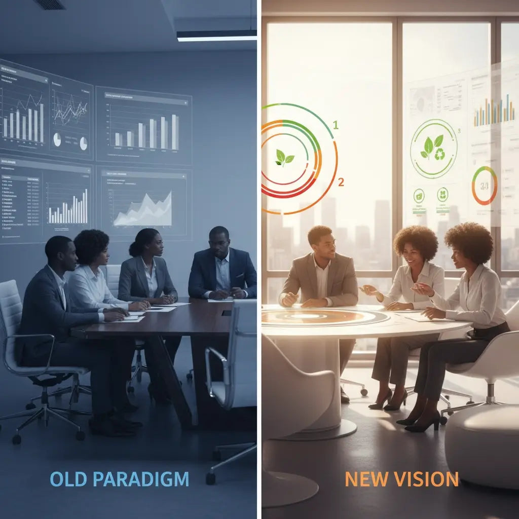Modern glass circular table with green leaf icons and white chairs in purpose-driven leadership setting