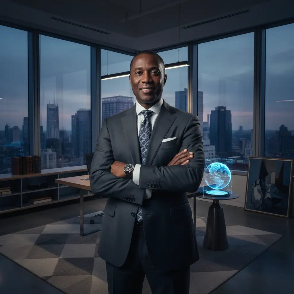 Dark gray Armani suit with blue tie, white pocket square for faith-integrated professional life