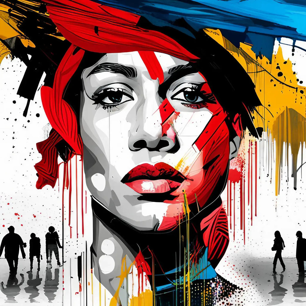 Vibrant abstract portrait in red, black, yellow, and blue reflecting finding motivation.