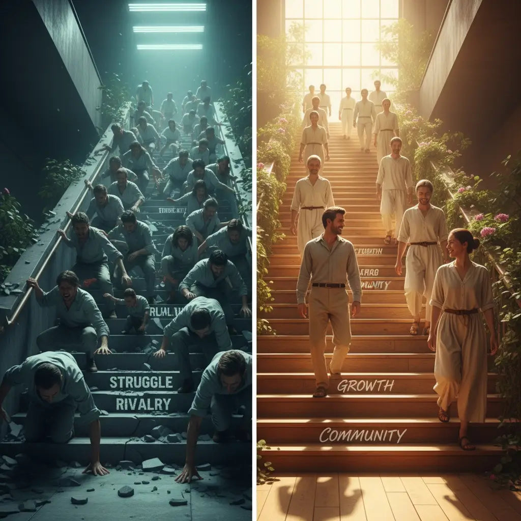 Visual comparison of contrasting staircases illustrating hustle culture and heaven culture with people ascending and descending, highlighting societal experiences within a faith-centered approach.