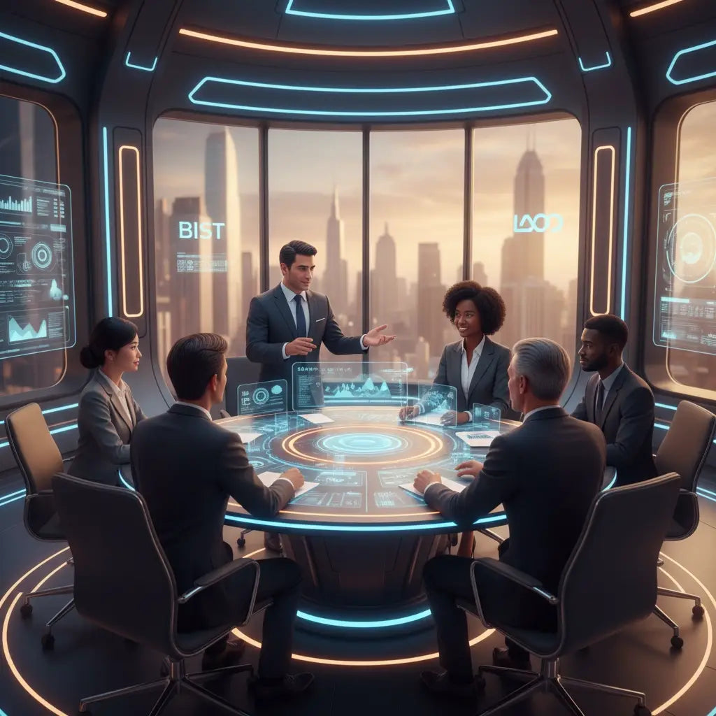 Futuristic round glass conference table with blue neon lights for christian executive leadership mastery