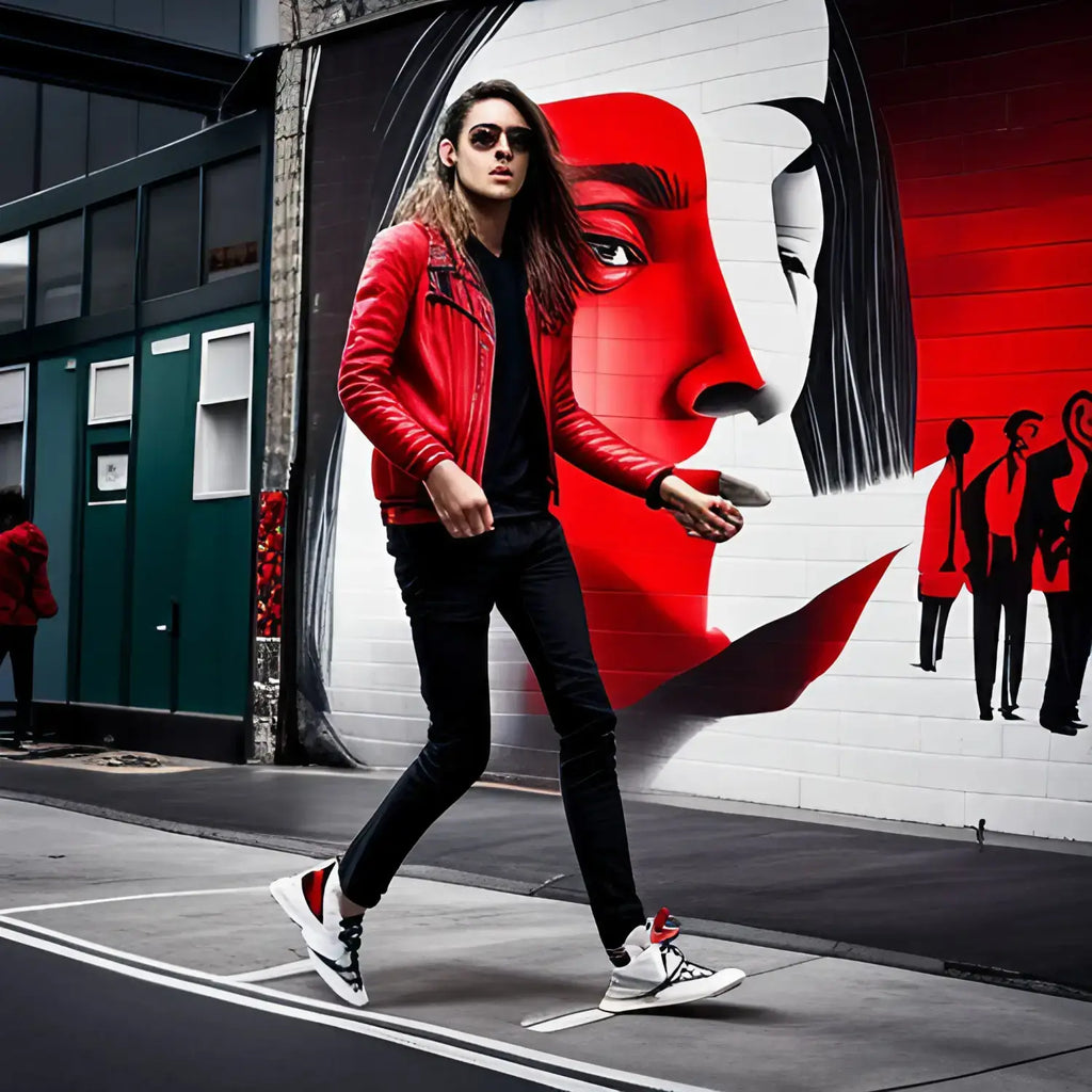 Individual in red leather jacket navigating street art, exemplifying embracing adaptability in business world.