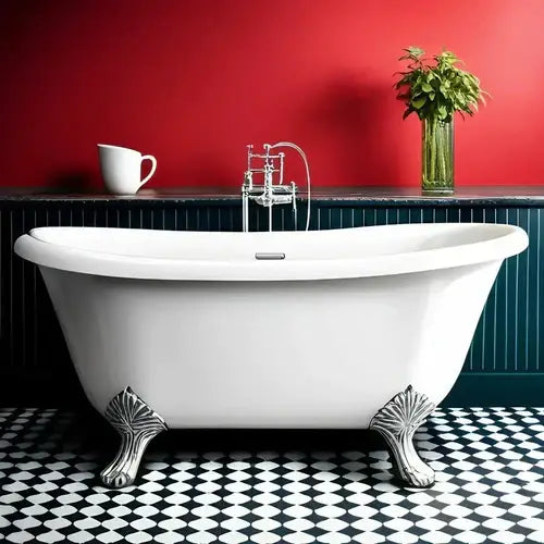 White clawfoot bathtub with ornate silver feet symbolizing work life balance for high achievers.