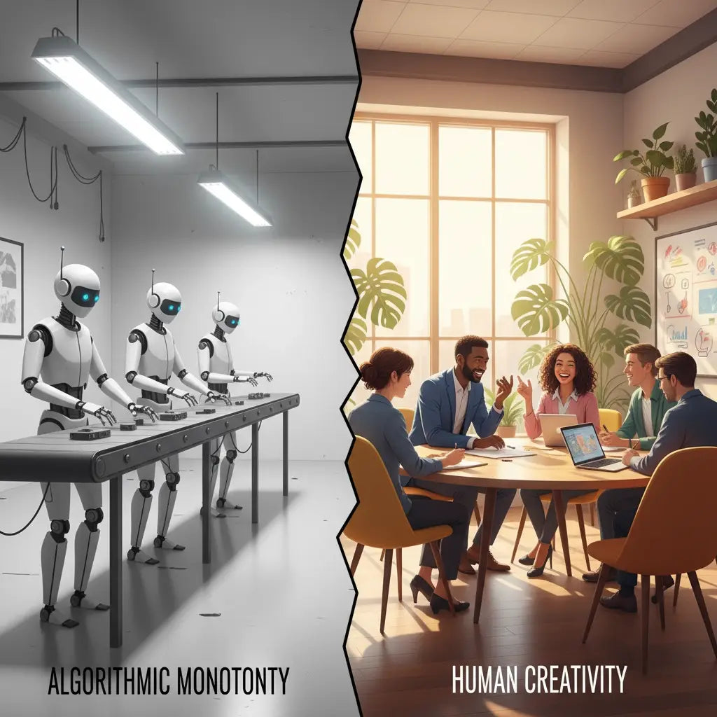 White humanoid robots on industrial table in purpose-driven work era