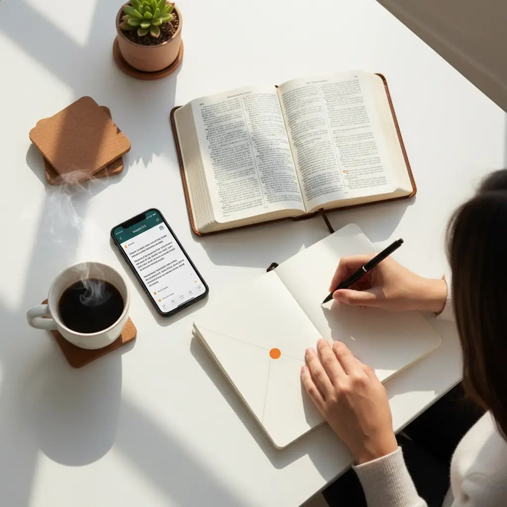 White leather notebook with orange dot and black pen for faith-filled mindset
