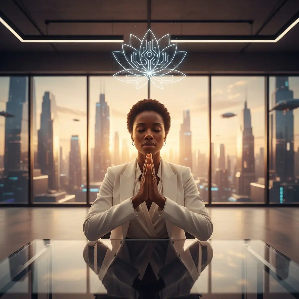 Avodah Dynamics white lotus pendant with blue circuitry for Christian coaching