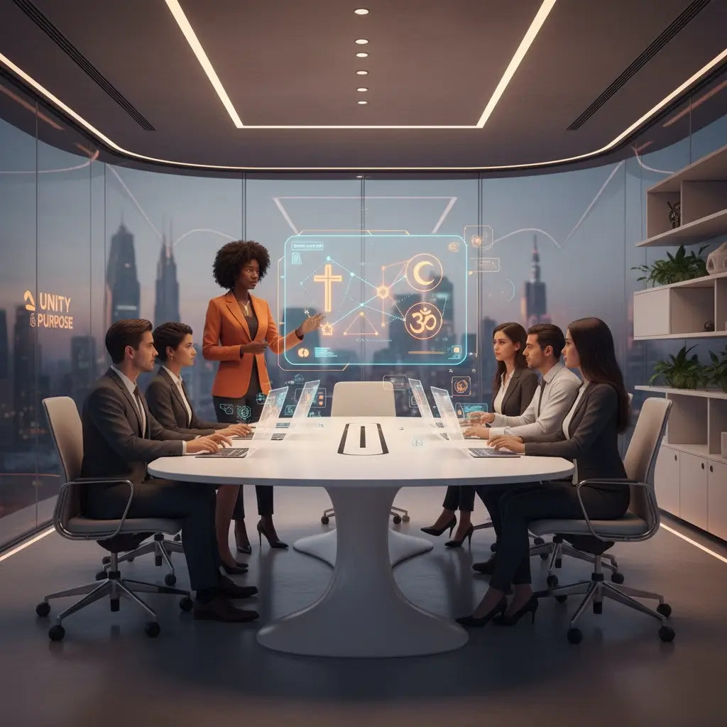 Sleek white round table with integrated technology for faith integration