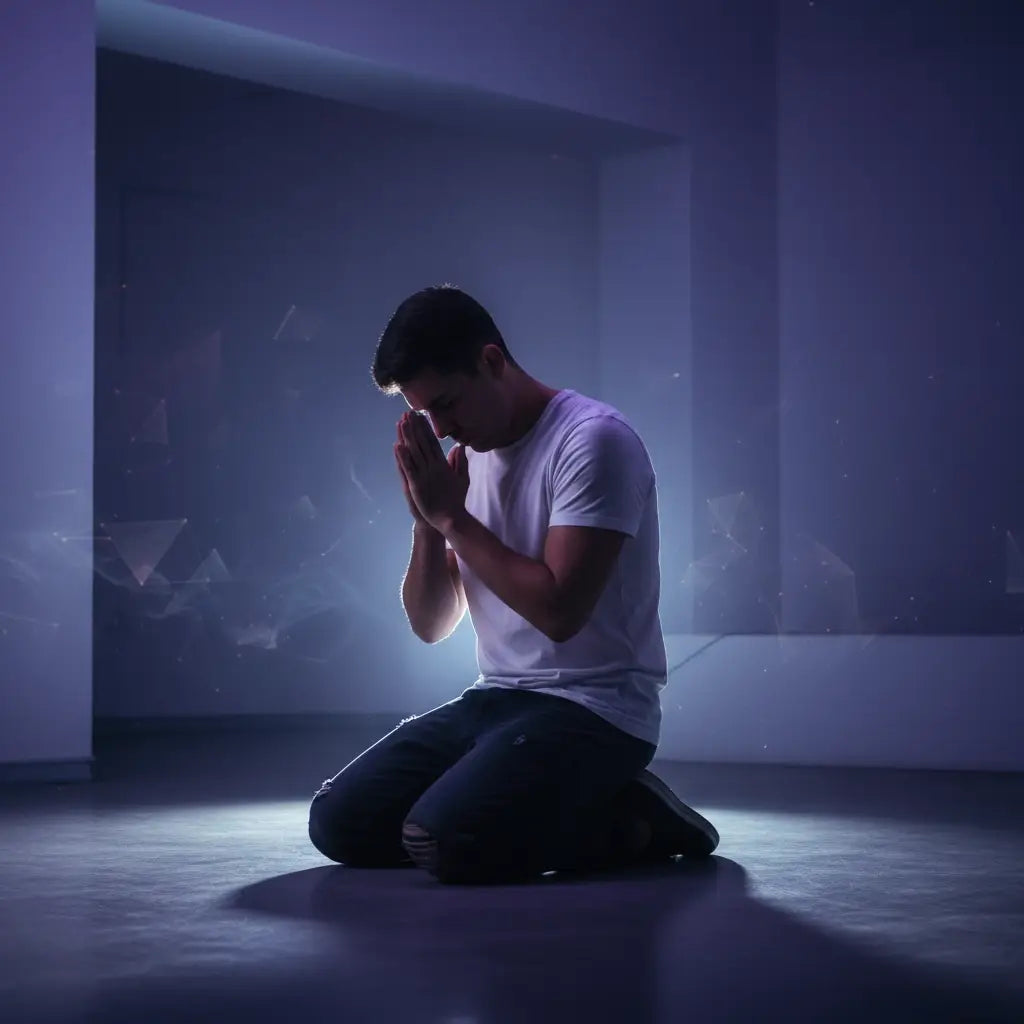 Person in white t-shirt, blue jeans, and black shoes amid red flag spiritual activities overload