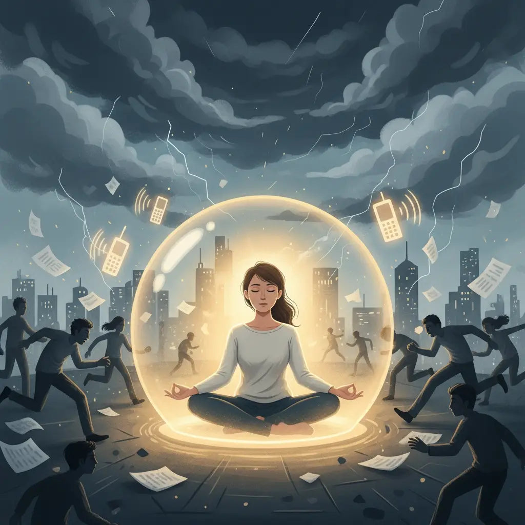 Woman meditating inside a golden sphere symbolizing escaping burnout culture and maintaining your soul intact for professional growth