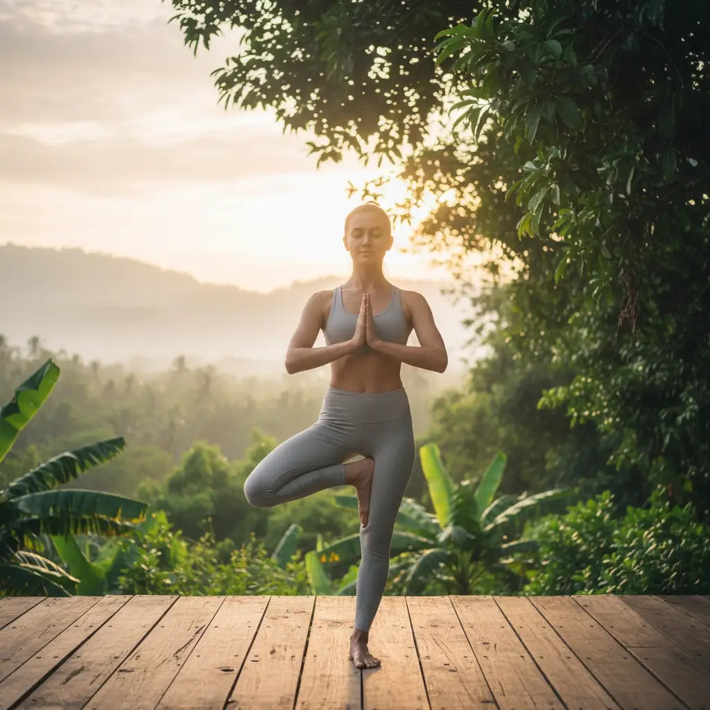 Woman in a yoga pose wearing gray sports bra and leggings representing worship music and holy spirit